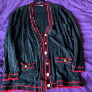 Black Cardigan Sweater with Red Trim